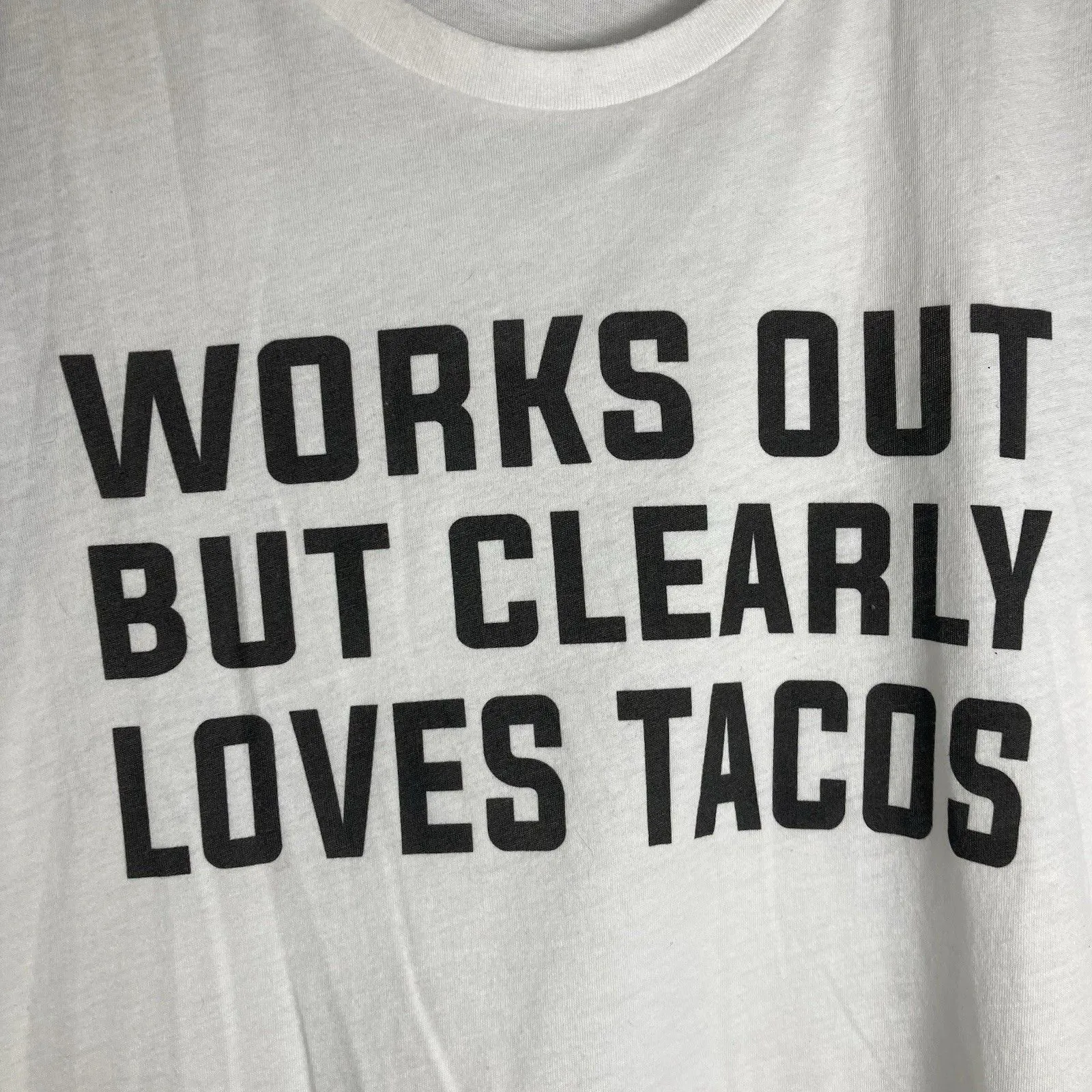 Womens Graphic T Shirt Tee Tank Top XL White Works Out Loves Tacos Athleisure - Image 2