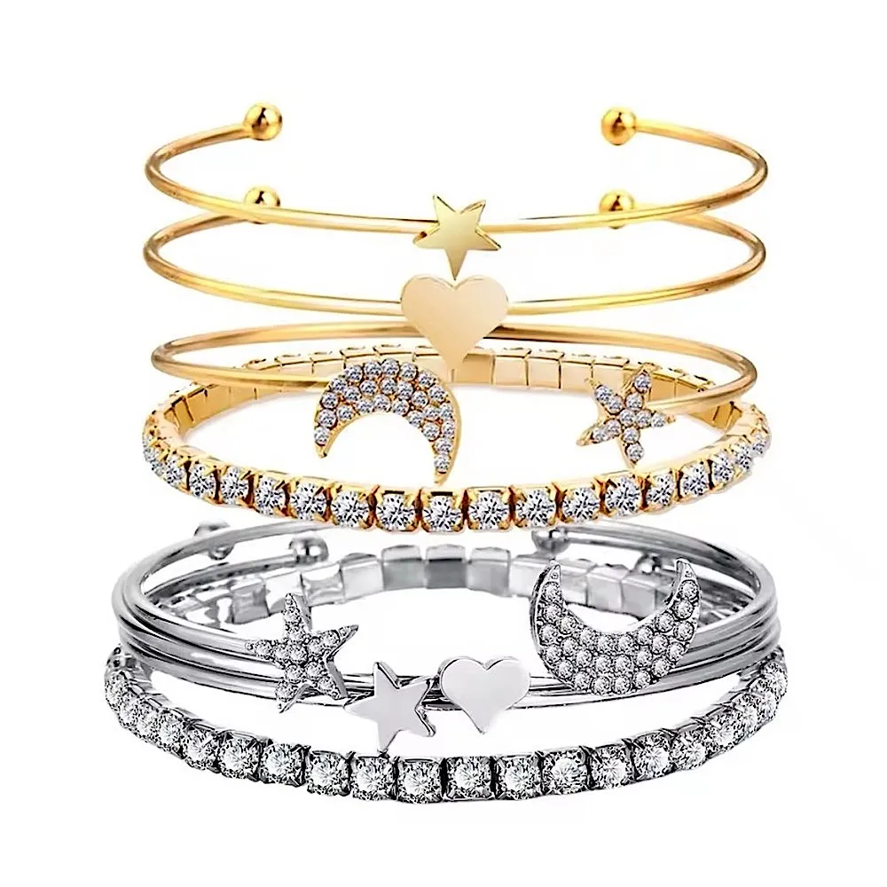 Silver Bangle Bracelet‎ Set Crystal Star Moon Heart Charm Stackable Jewelry - Image 14