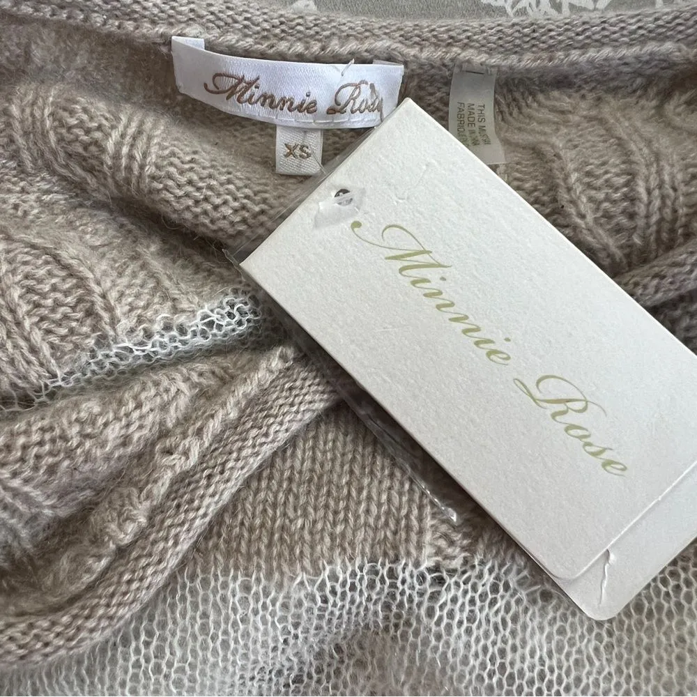 NEW Minnie Rose Cashmere Mohair Striped Cable Knit Boat Neck Sweater XS Tan - Image 7