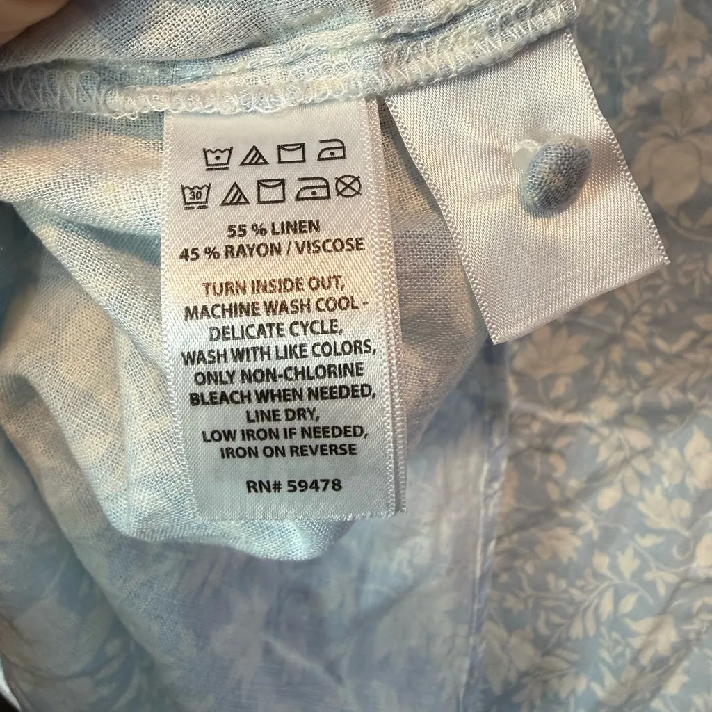 Joie Blue & White Button Down VNeck Linen Shirt Cottagecore Women's 2XL - Image 7