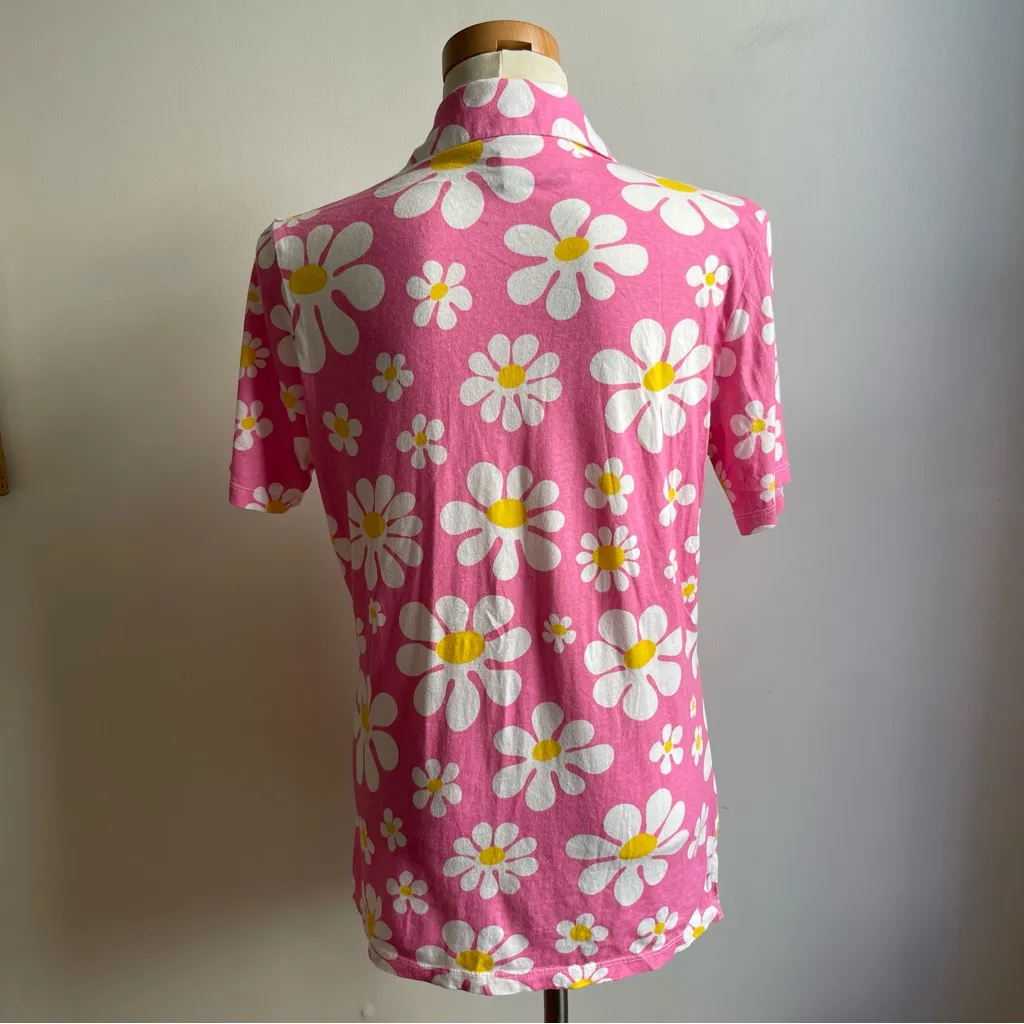 Big Bud Press Lazy Daisy Unisex Polo Soft Cotton Pink Floral USA Made Small - Image 5