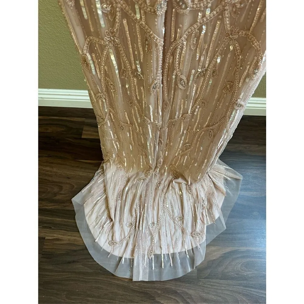 MAC DUGGAL EMBELLISHED CAP SLEEVE FAUX WRAP TRUMPET GOWN IN BLUSH 9064 SIZE 6 - Image 16