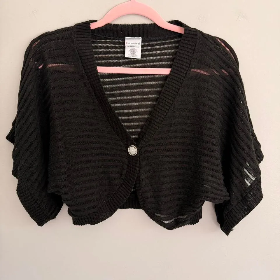 Y2K BLACK NO BOUNDARIES CROCHET KNIT CROPPED CARDIGAN SHRUG - Image 3