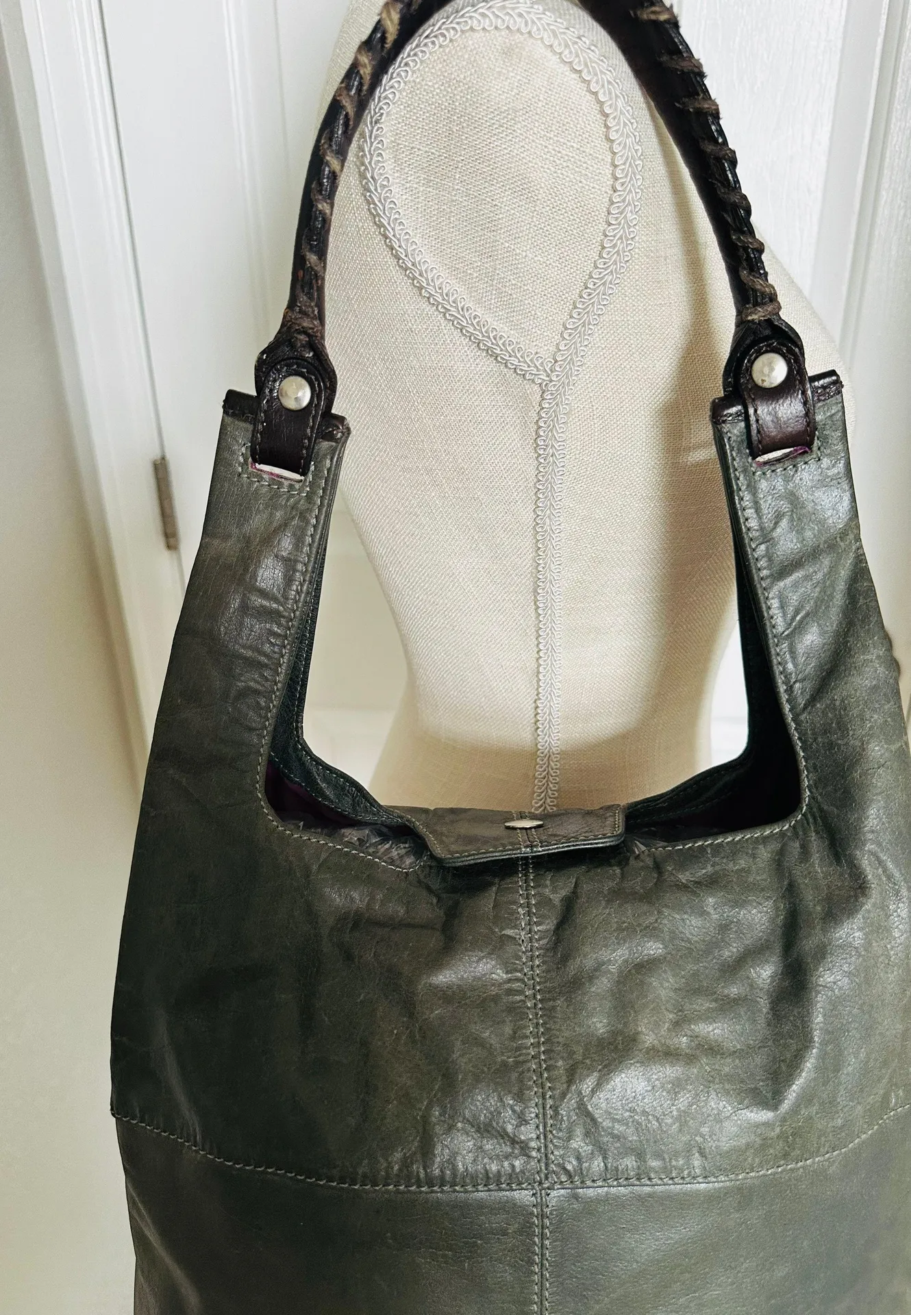 Tano Large Distressed Tote Leather Hobo Carryall Shoulder Bag Designer Italy New Green - Image 10