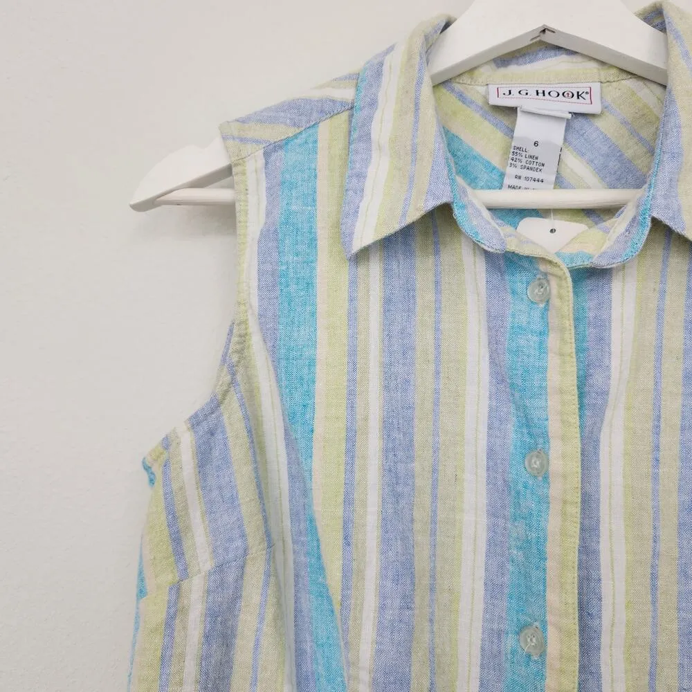 Vintage JG Hook Pastel Green Blue Purple Striped Linen Blend Button Down Top S - Image 2