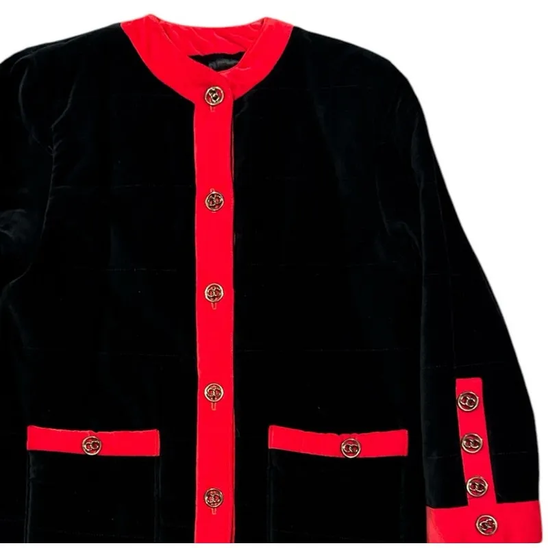 Vintage 80s Cattiva Velvet Quilted Coat Black Red Trim Gold Buttons Sz Small - Image 10