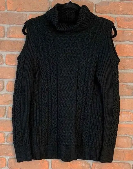 Ruff Hewn Womens Large Petite Sweater Black Cable Knit Turtleneck Cold Shoulder - Image 1