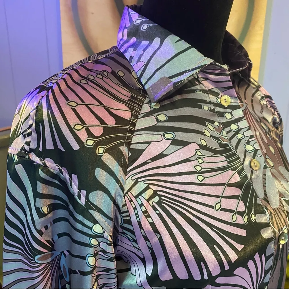 Vintage Y2K United Colors Of Benetton Futuristic Metallic Abstract Satin Dress Purple Size undefined - Image 6