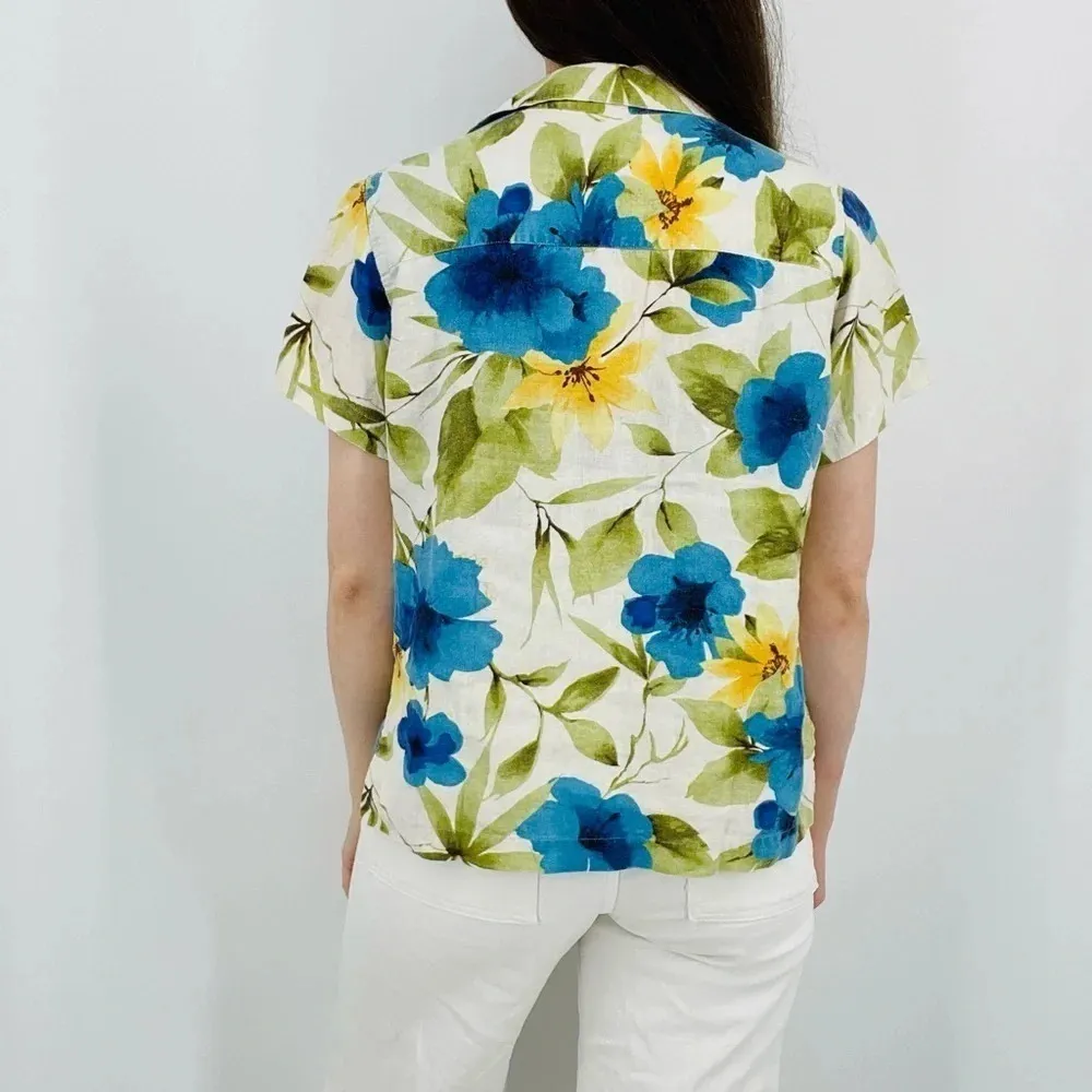 vintage 100% linen floral button up top size s Blue - Image 4