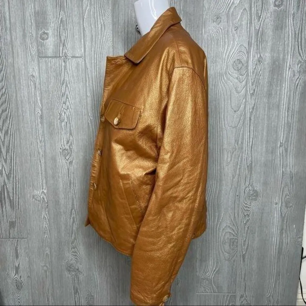 Vintage braefair leather metallic gold genuine leather button front jacket LG - Image 3