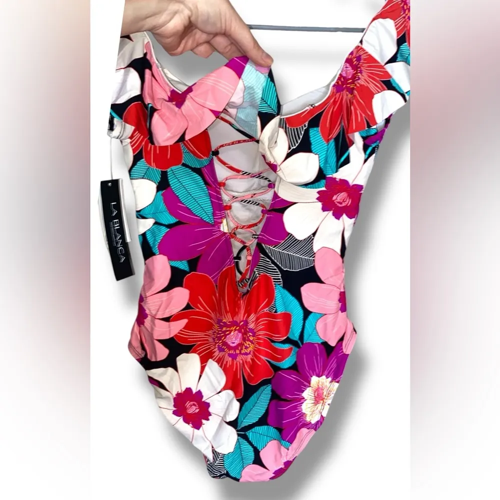 La Blanca Pink and Purple One Piece Swimsuit Floral Design - Image 2
