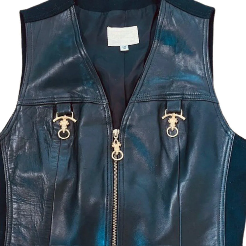 Vintage Alberto Makali Leather & Wool Vest Gold Rams Head Embellished 12 - Image 4