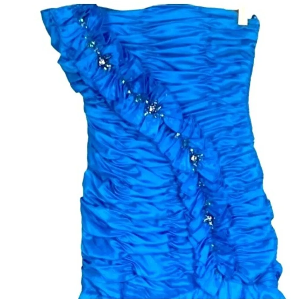 Jodi Kristopher Strapless Blue Gown Dress 5 Pageant Prom Ruched Pick Up Sparkle - Image 3