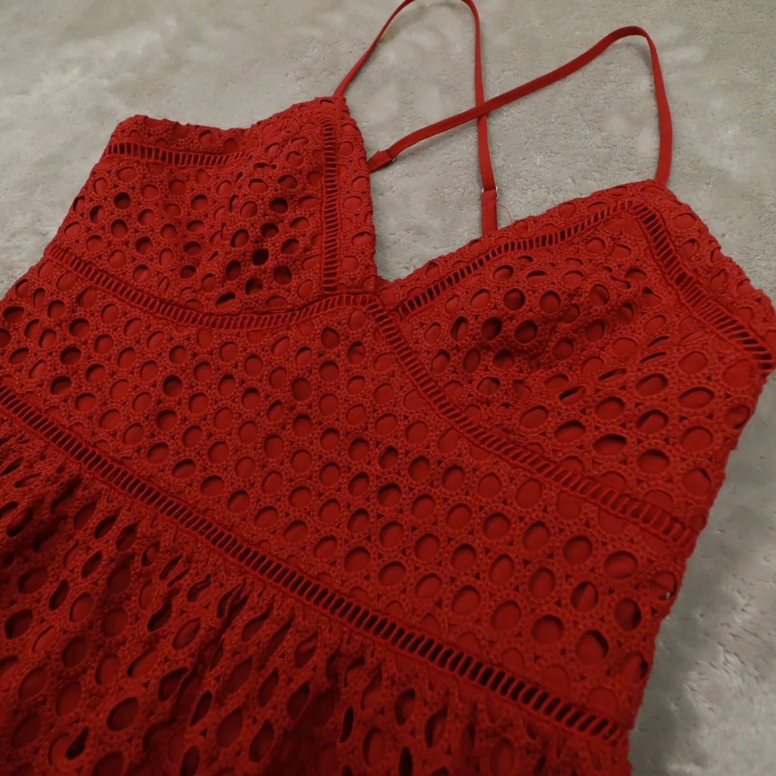 Abercrombie & Fitch Red Burgundy Crochet Knit Cross Back Mini Dress size Small - Image 2