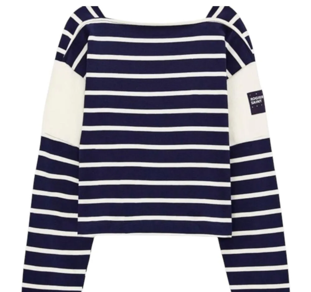 Zara Sweater Womens Large Blue White Striped Cropped Square Neck Nautical Preppy - Image 12