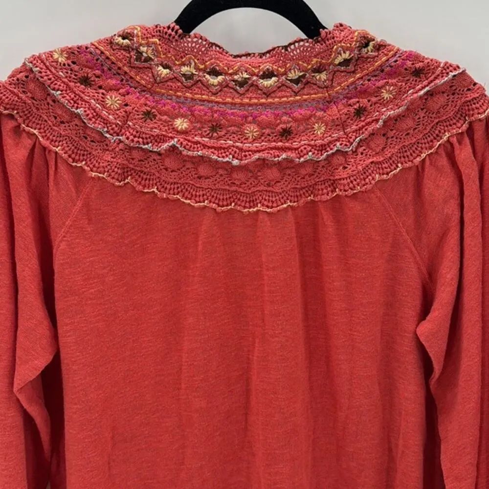 FREE PEOPLE CAMELIA SIESTA FIESTA CROCHET TRIM LONG SLEEVE TOP size M loose fit - Image 7