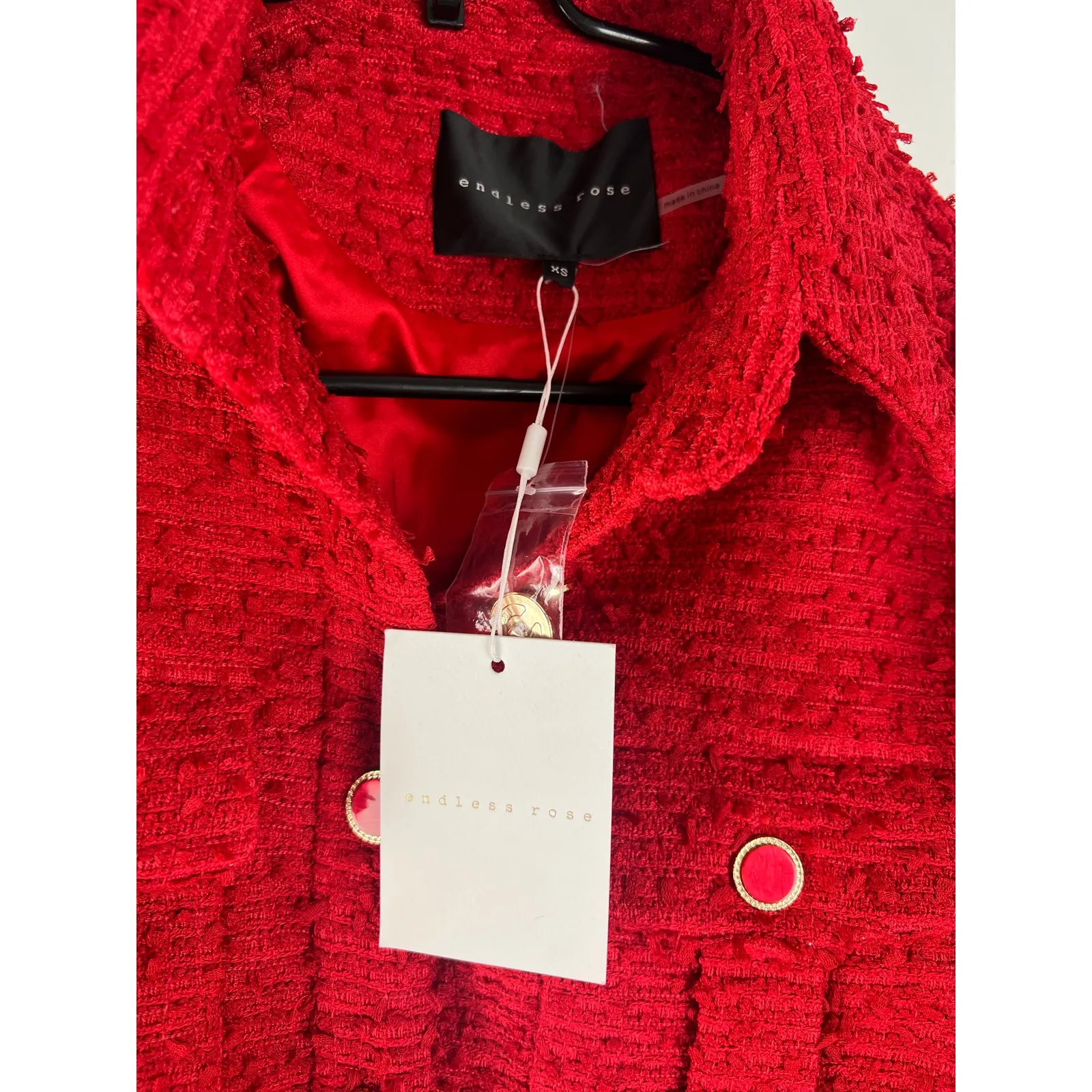 Endless Rose Double Pocket Red Tweed Jacket XS - Image 5