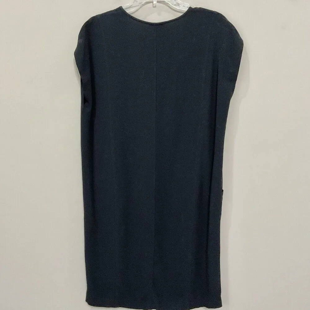 Eileen Fisher Black Crepe Dress V-Neck Knee Length Cap Sleeve Shift Sz S Boxy - Image 4