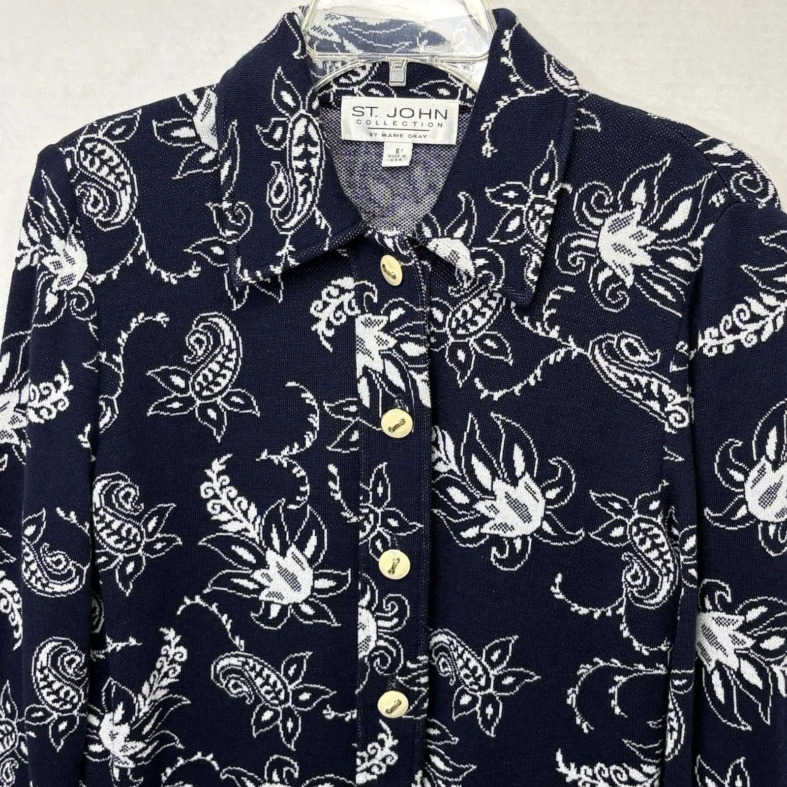 St John Collection Marie Gray Woman Navy Blue & White Floral Tapestry Cardigan 6 - Image 2