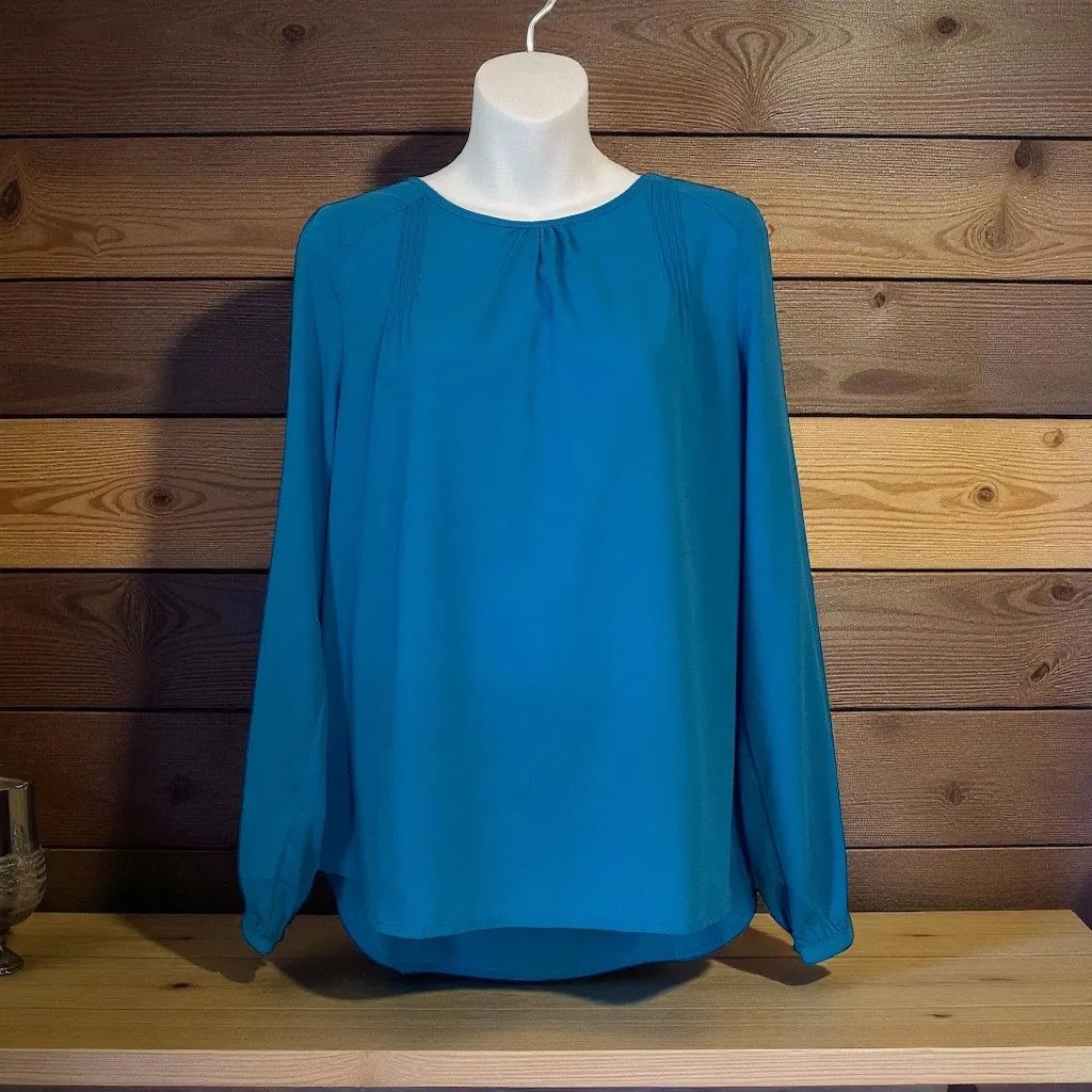 Umgee USA Pleated Neck Tie Back Long Sleeve Blouse Blue Cotton Blend Size S - Image 6