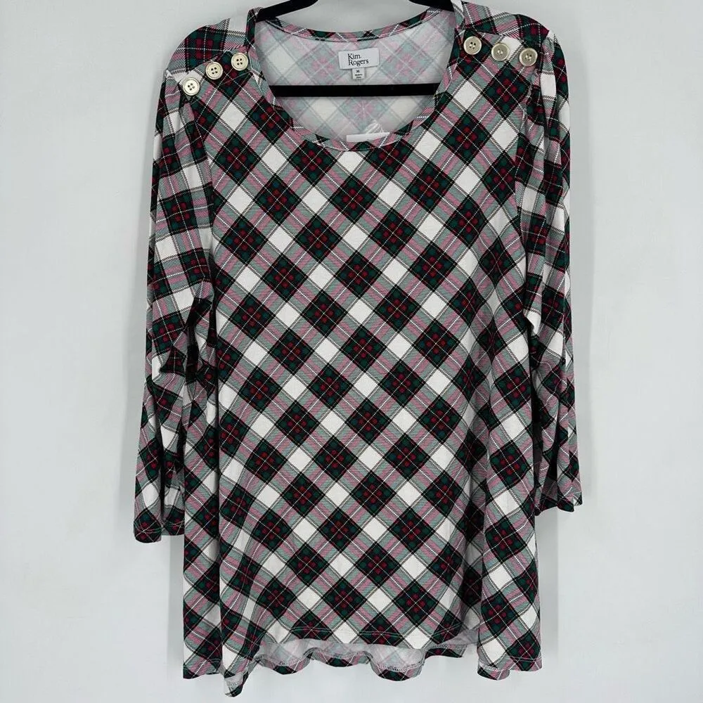 NWT Kim Rogers Womens 3/4 Sleeve Crew Neck Printed Shirt Holiday Tartan Plaid XL - Image 2