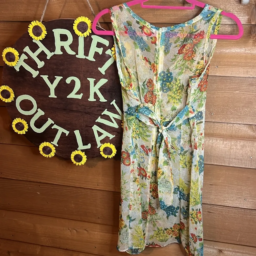 Vintage Floral Chiffon Babydoll Tie Zip Midi Dress Lightweight 70s 80s 90s Rose Yellow Size M - Image 3