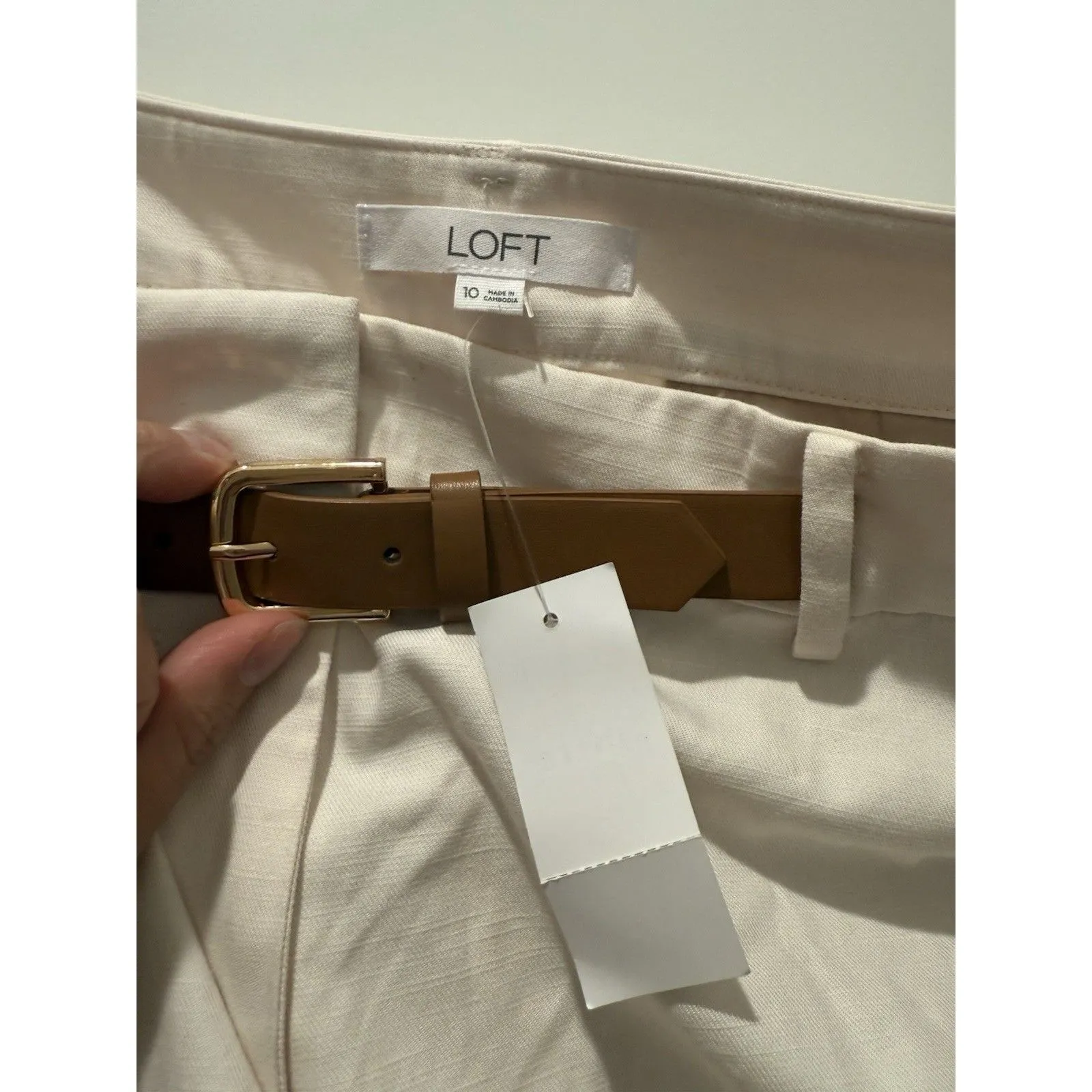 Women’s LOFT Stovepipe Pants In Twill 10 Beige Ivory NWT Faux Leather Brown Belt - Image 5