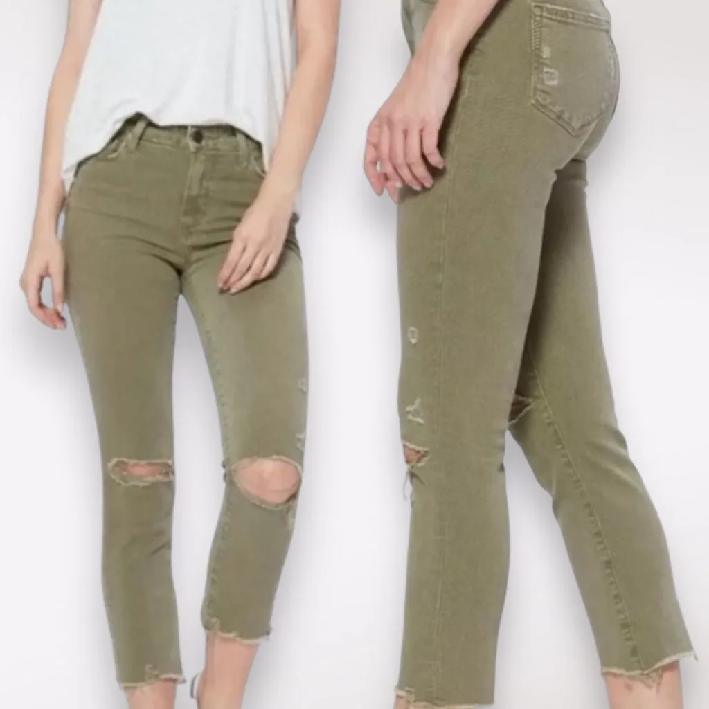Paige Hoxton Slim Crop Jeans Sage Green Distressed Raw Hem Size 24 - Image 2