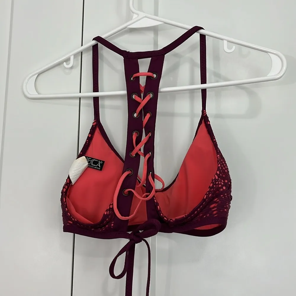 Becca Small Burgundy, Pink Racerback Halter Lace Swim Bikini Top - Image 4