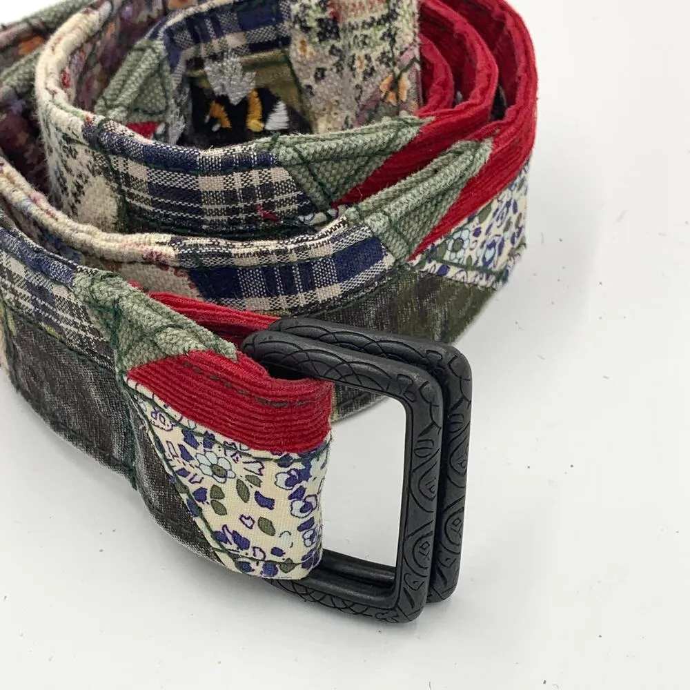 Patchwork Fabric Belt Rustic Bee Embroidery Whimsical Green - Image 4