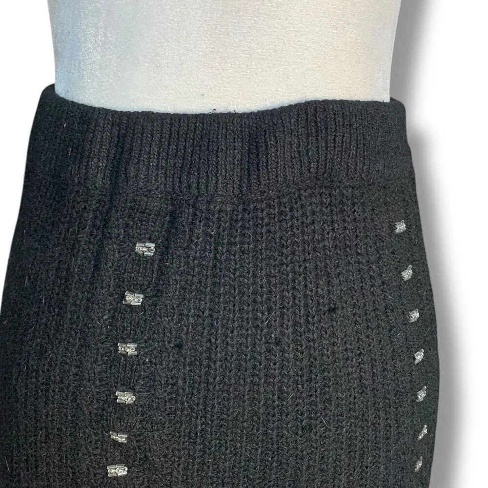 Vintage 90s Black Cable Knit Maxi Skirt Metallic Silver Studs Small Silk Angora - Image 2