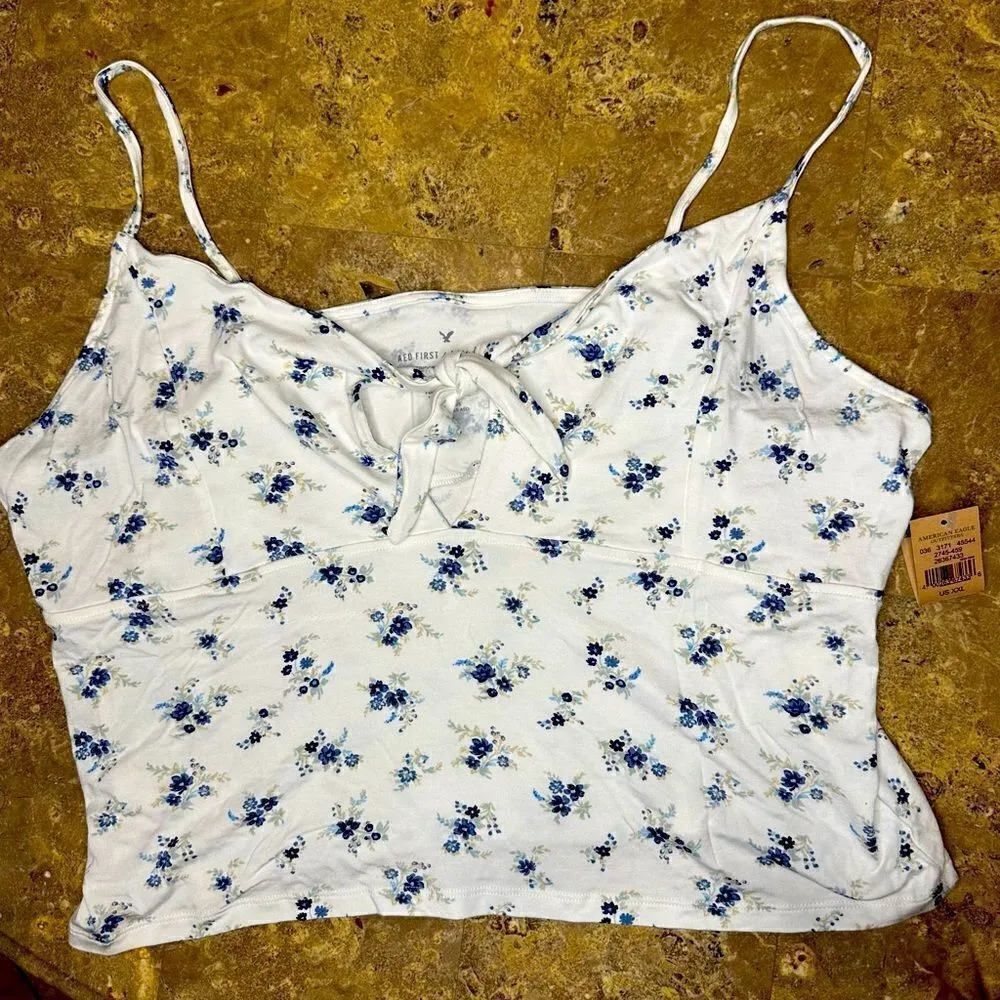 American Eagle First Essentials White Floral Crop Top - Image 2