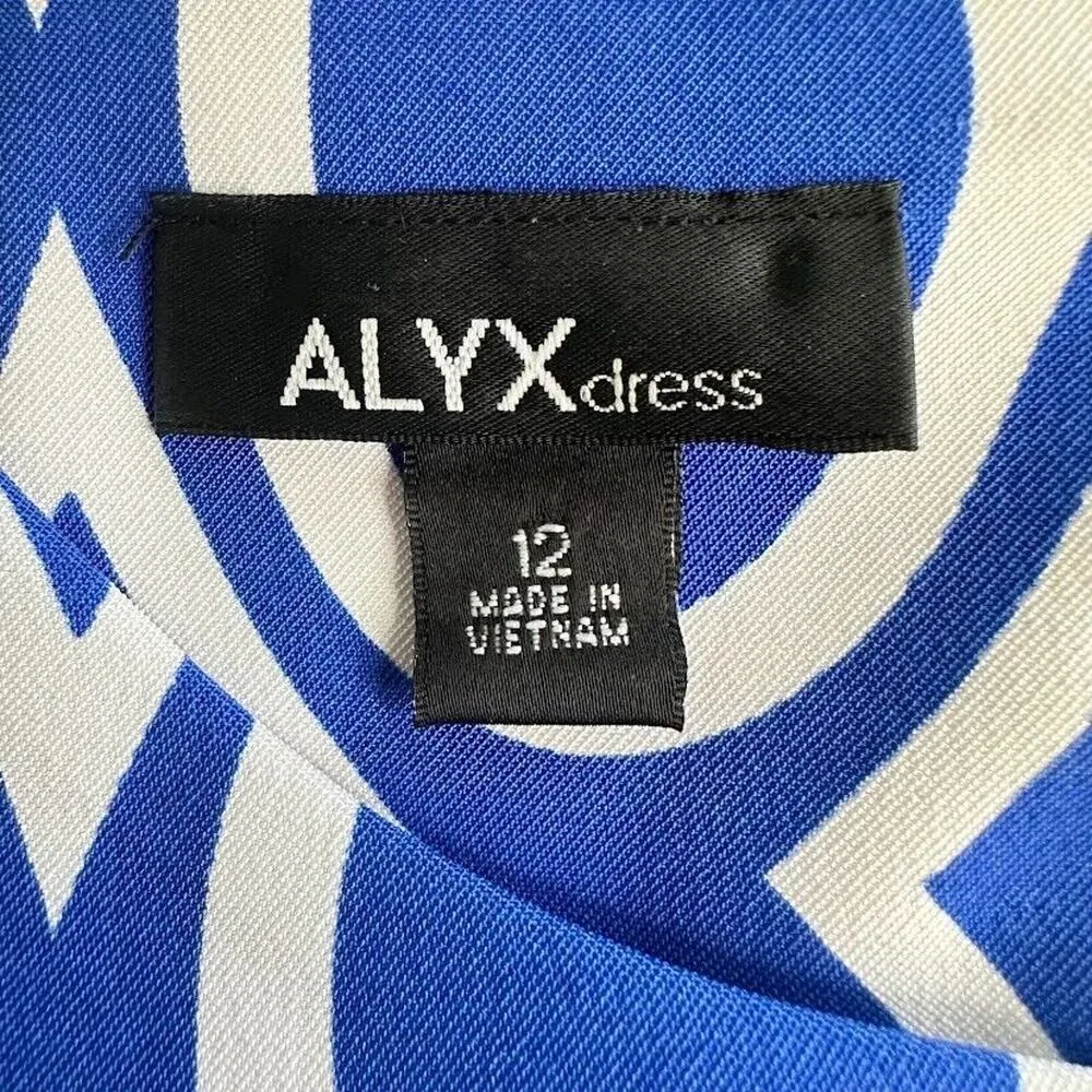 Alyx 60's Style Sheath Dress Size 12 Blue White Sleeveless Knee Length Geometric - Image 4