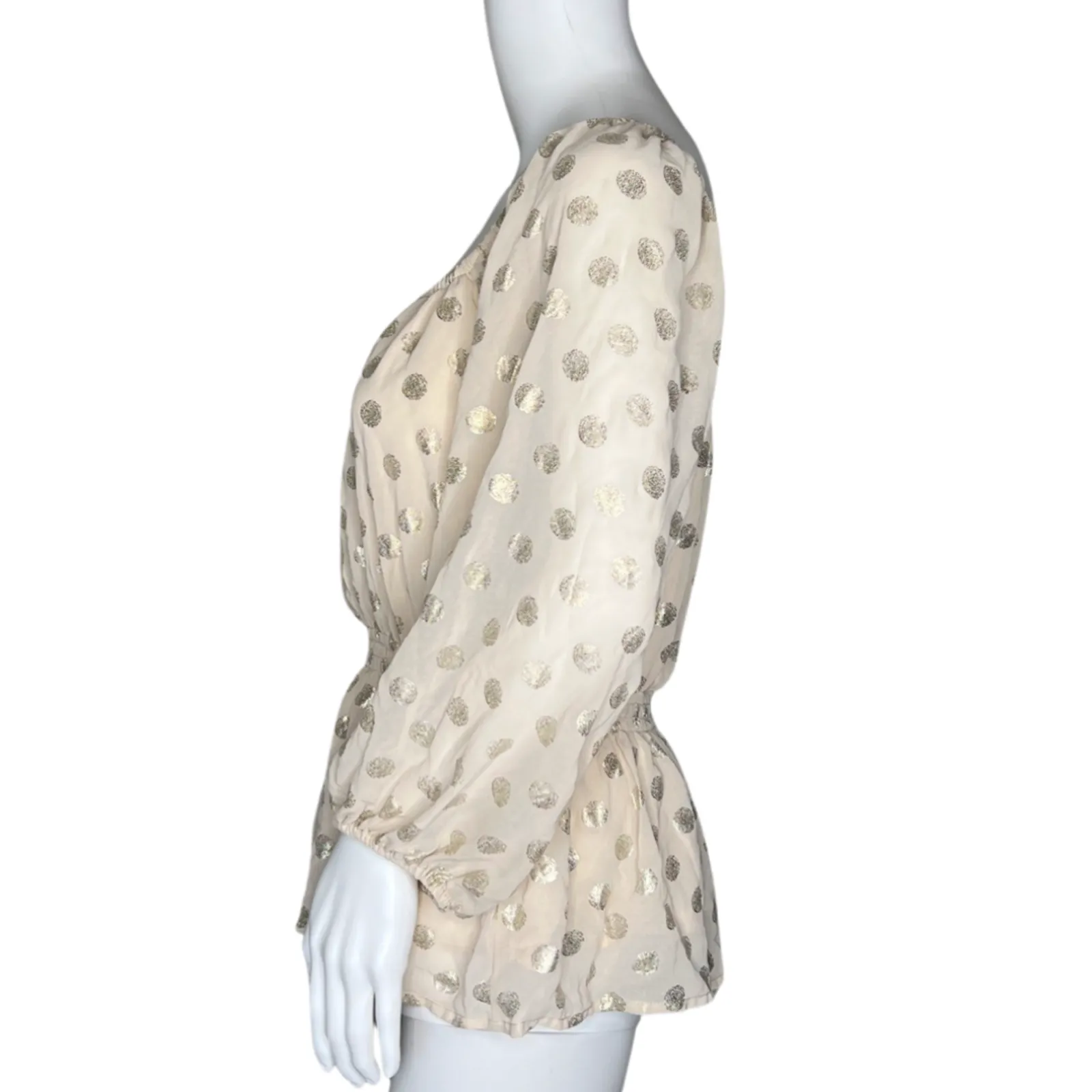 Mi Ami Shirt Womens Large Cream Shimmer Polka‎ Dots Peplum Boho Bohemian Casual - Image 3