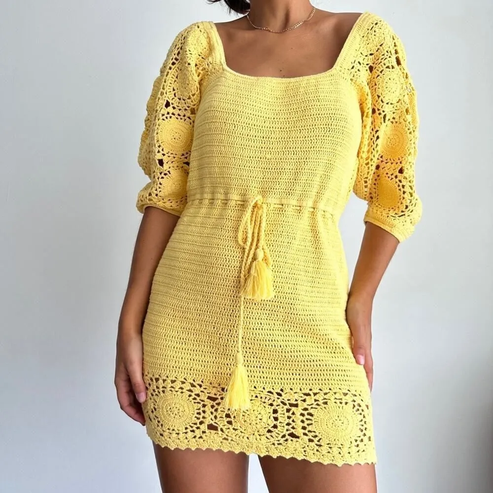 NWT Spell yellow crochet cotton mini dress Size L - Image 2