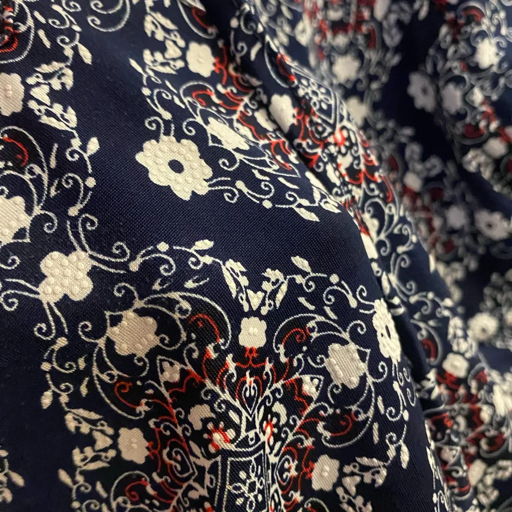 Espresso Womens Top Blouse S Small Navy Blue Geometric Floral Red White Blue - Image 6