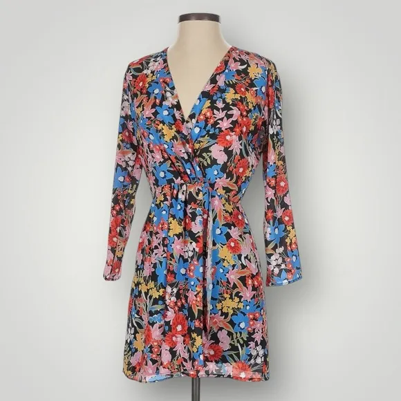 RESA Iris Floral Faux Wrap Mini Dress Black Multicolor Long Sleeve Size Small - Image 2