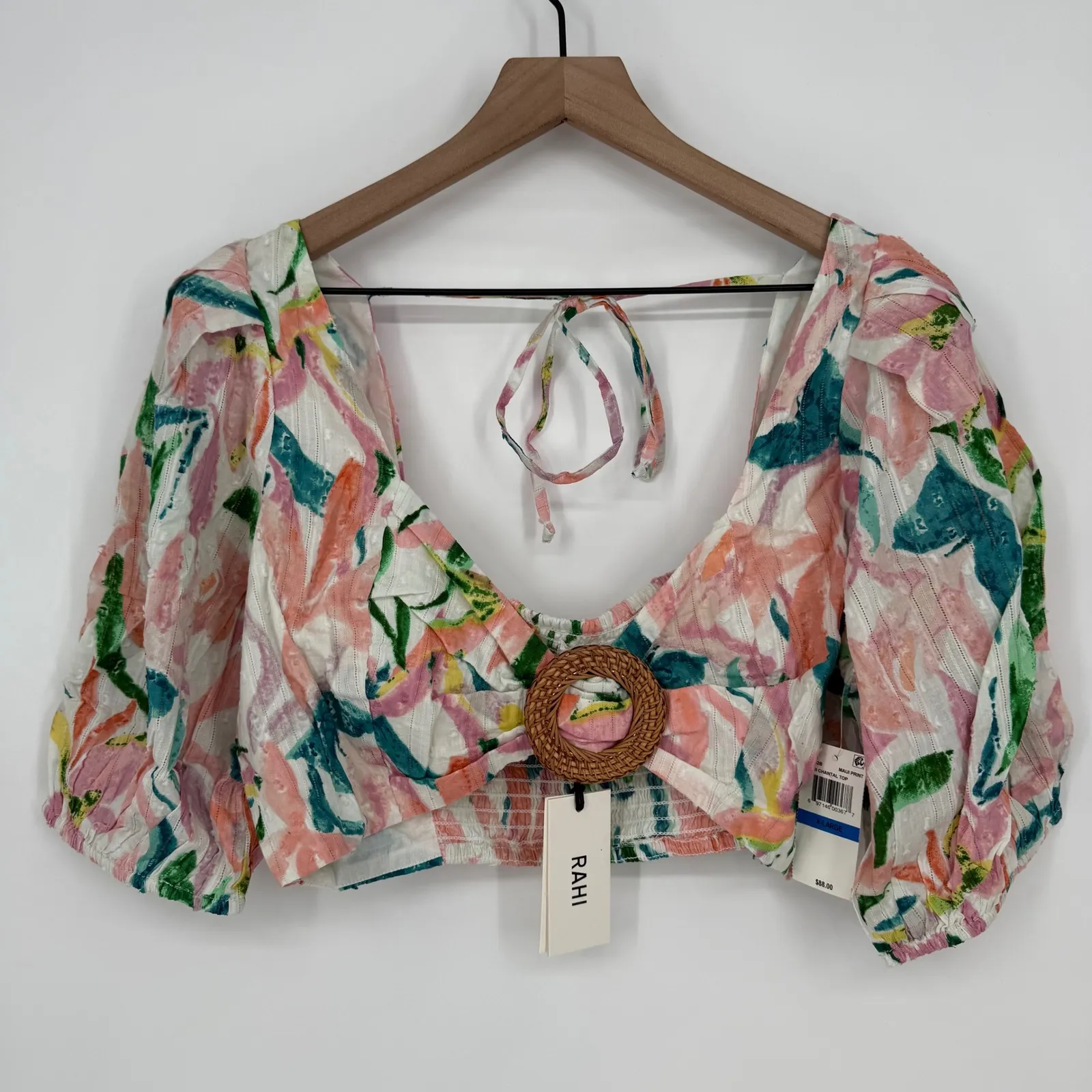 RAHI Maui Chantal‎ Top L Floral Print Woven Rattan Ring Tie Back Crop White Size XL - Image 2