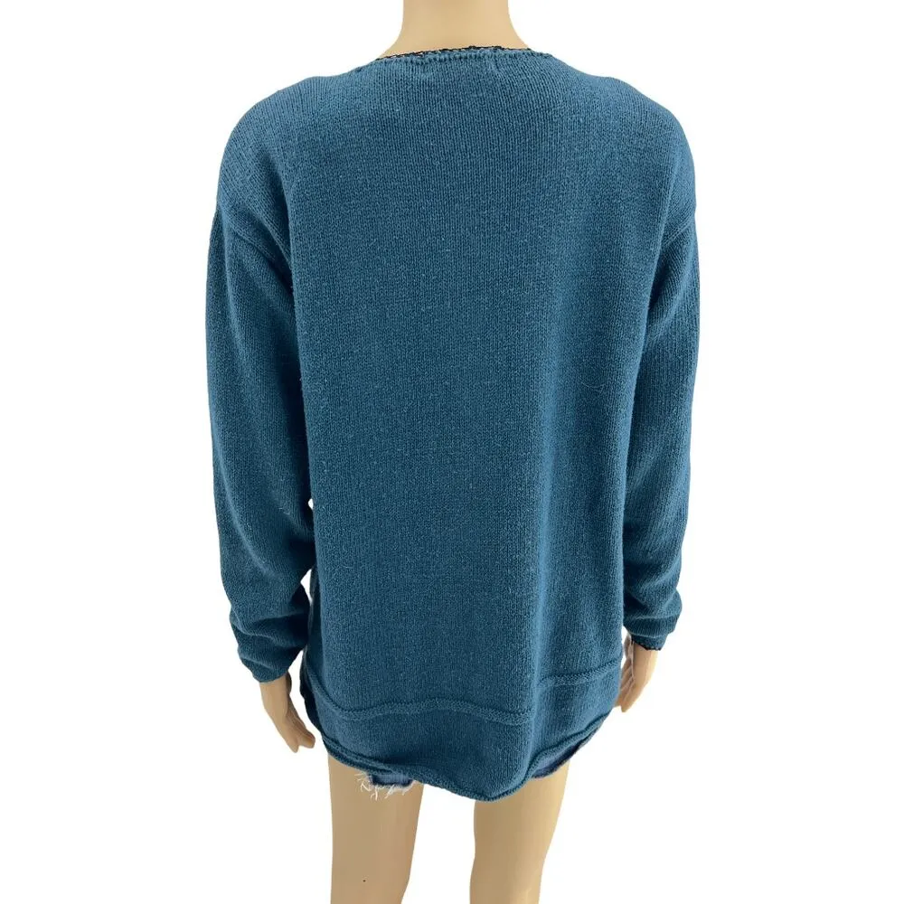 Worthington LARGE VINTAGE 90's Blue Knit Black Floral Beaded Embroidery Sweater - Image 4