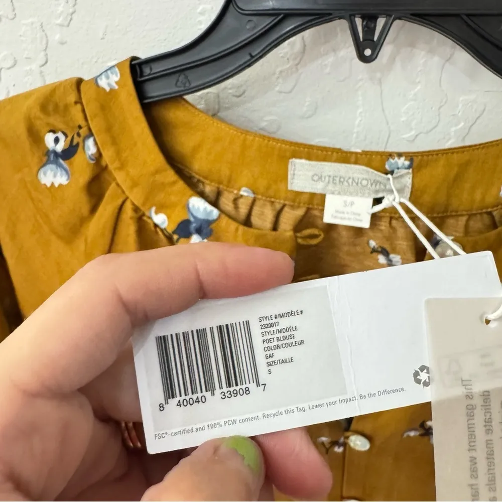 Outerknown Poet Blouse Mustard V Neck Button Waist Tie Floral Blouse S - Image 3