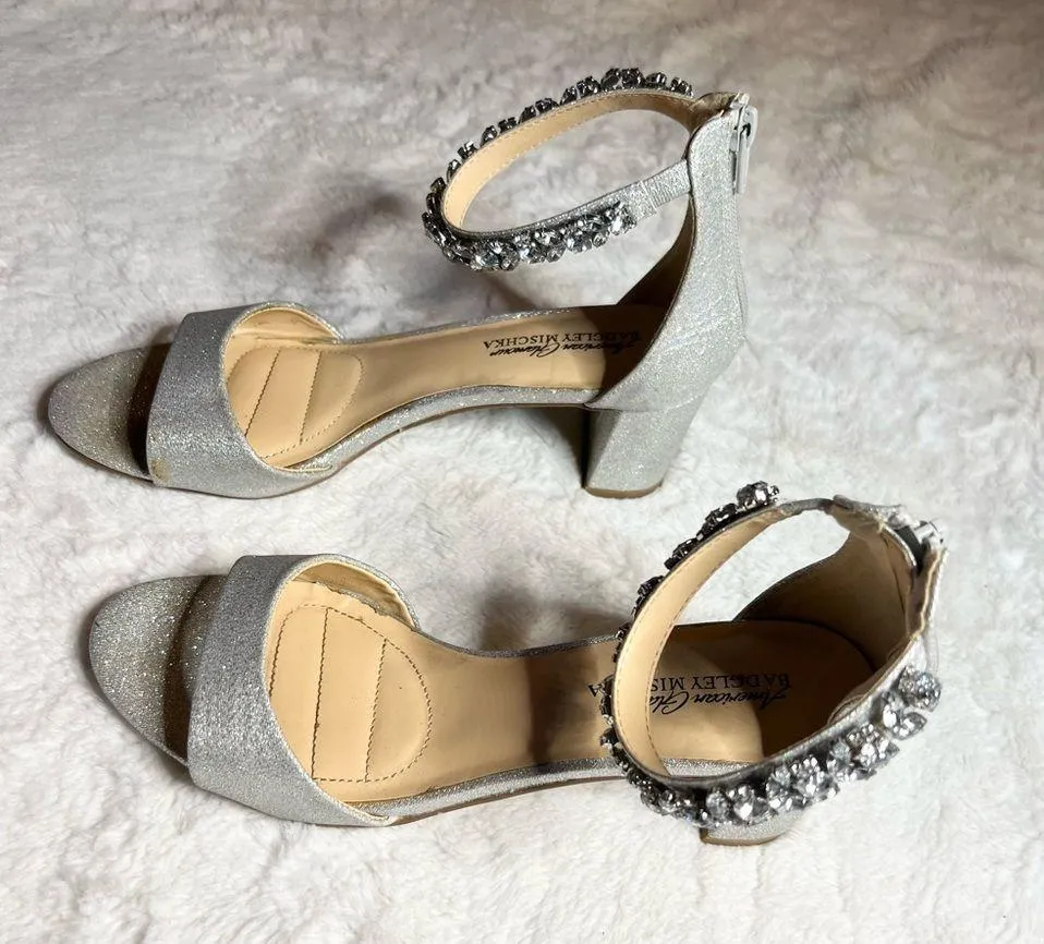 Badgley Mischka Silver Glitter Rhinestone Embellished  Ankle Strap Block Heels - Image 10