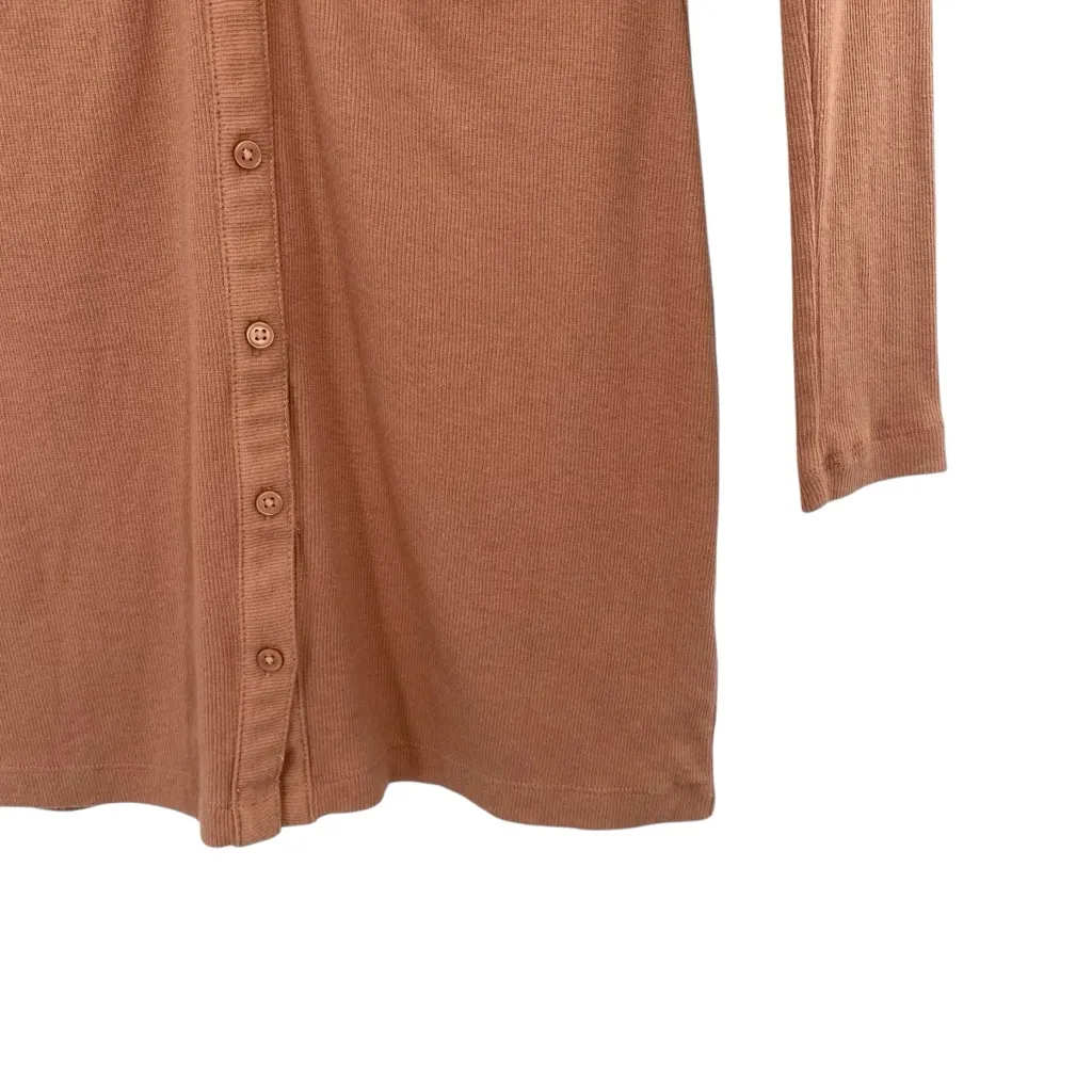 BP Nordstrom Tan Ruched Long Sleeve Rib Shirtdress Button Front Mini Dress - Image 3