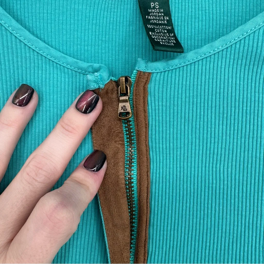 Y2K Lauren Ralph Lauren Teal Long Sleeve Zip Top Adjustable Sleeves Petite Small - Image 8