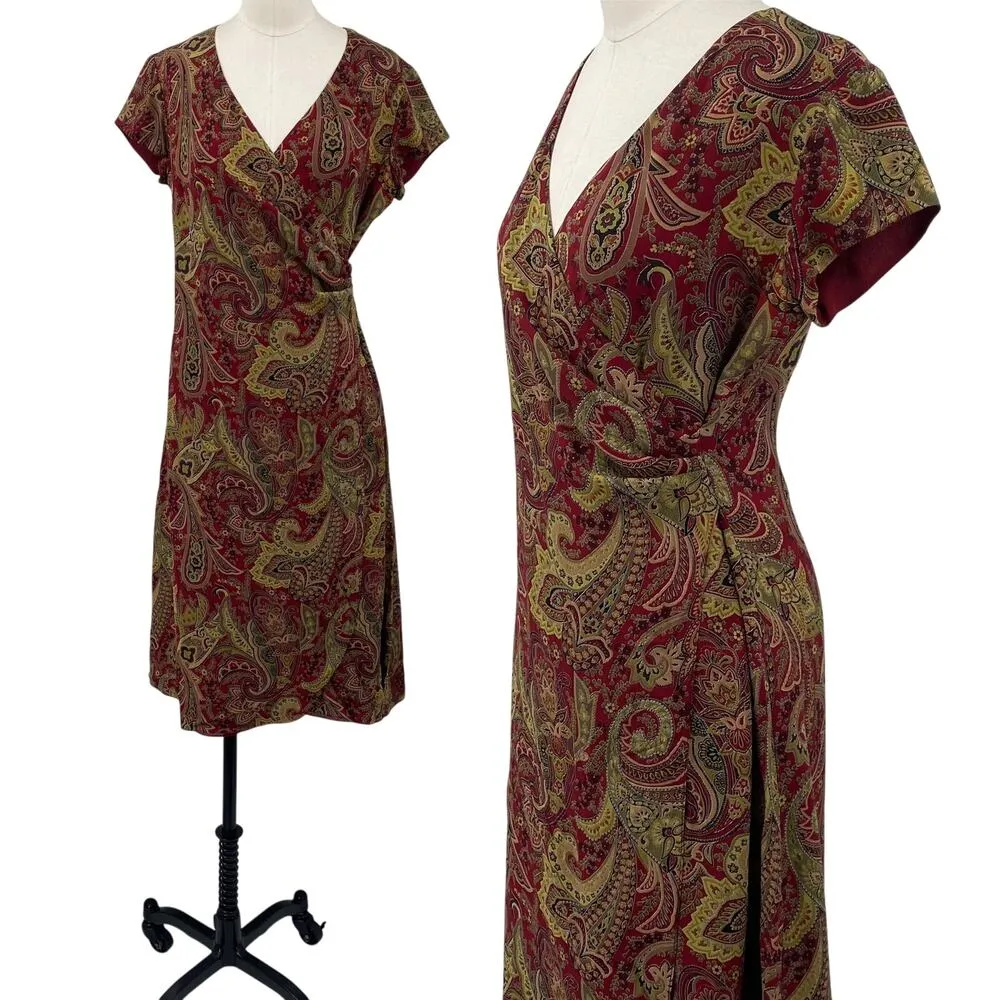 Vintage 90s Ralph Lauren Silk Paisley Knee Length Dress Faux Wrap Red Green S - Image 2