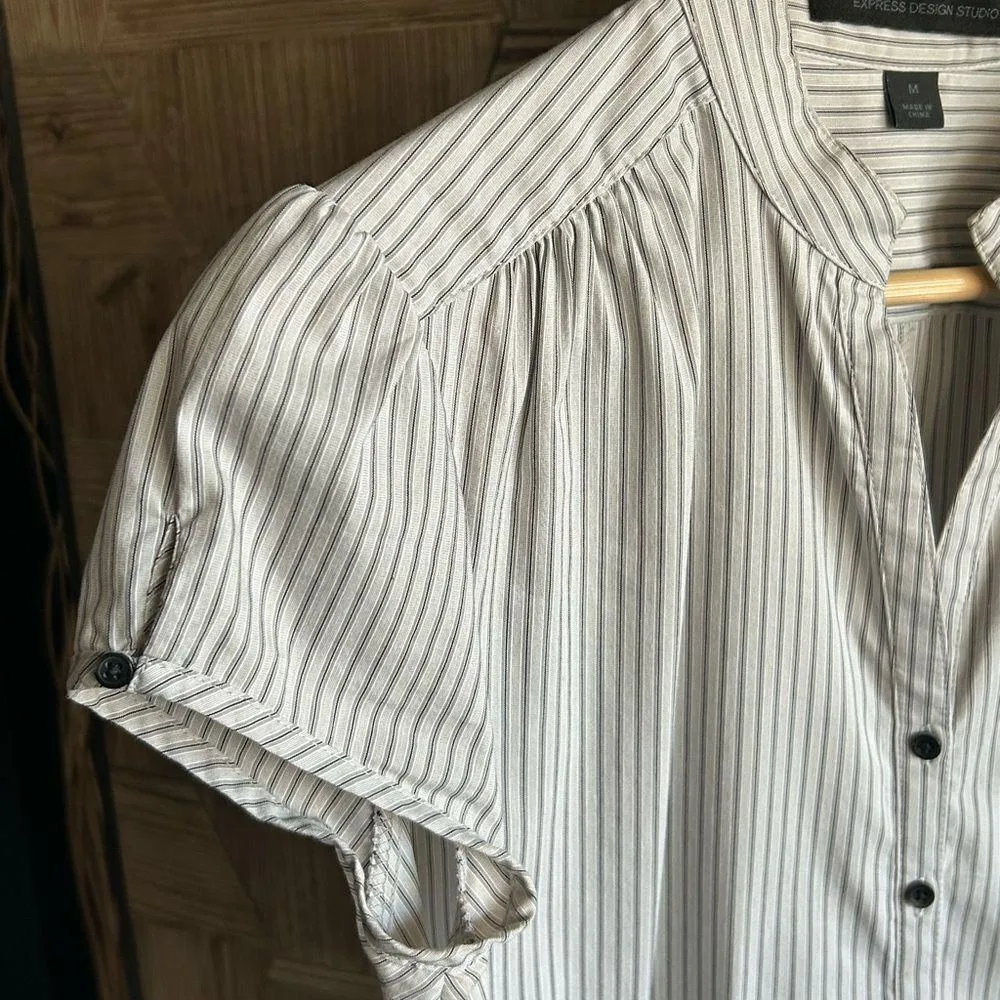 Vintage Express Top Medium Gray Pinstripe Cap Sleeves Button Down Careercore - Image 7