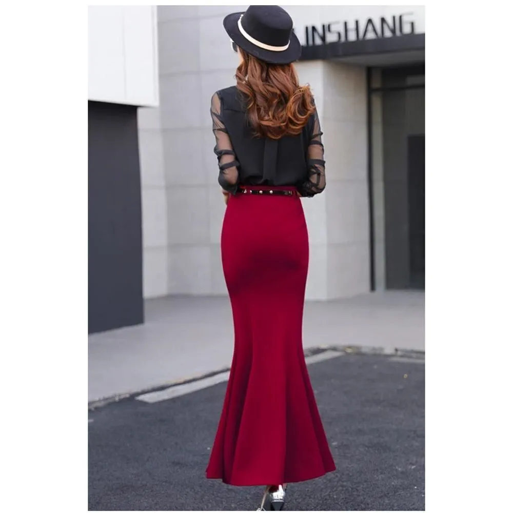 NEW Bodycon Stretchy High Waist Fishtail Mermaid Maxi Skirt S Red - Image 2
