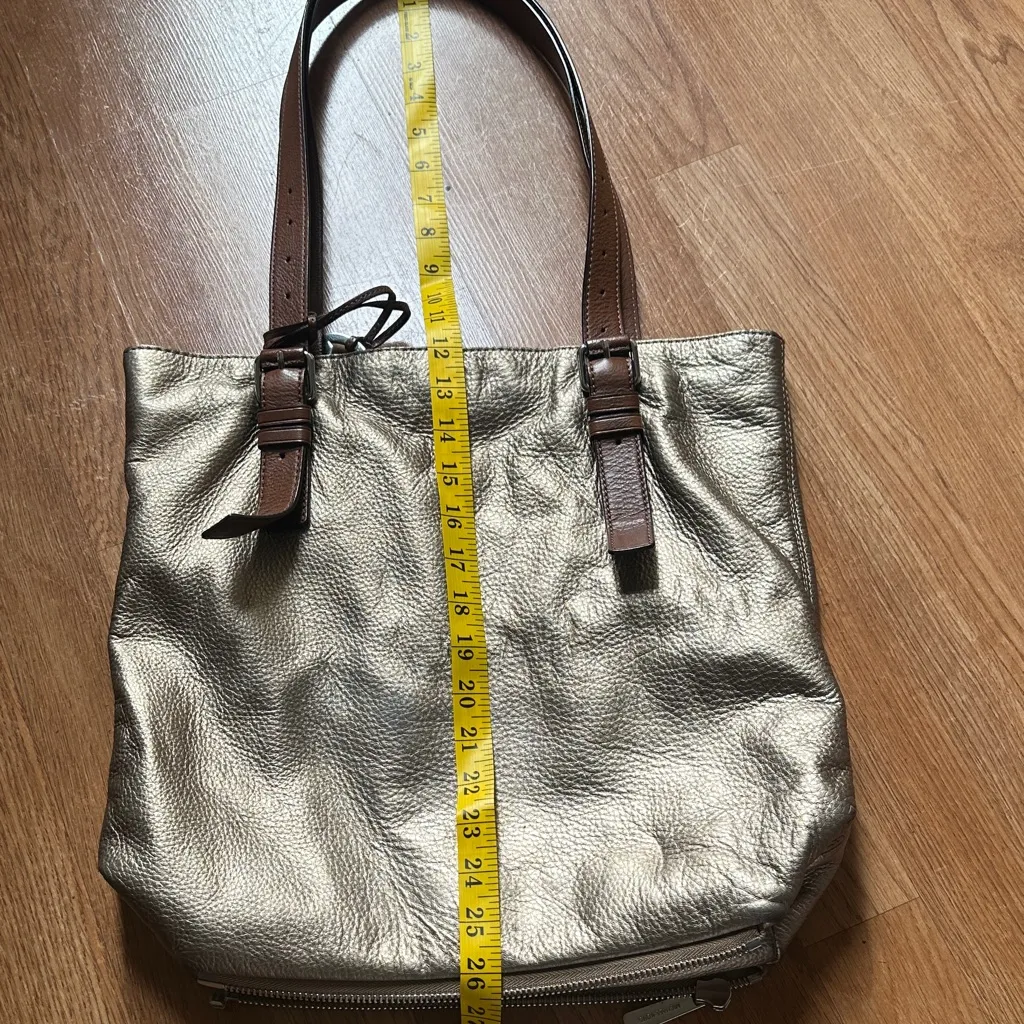 Michael Kors Metallic Silver Tote with Brown Straps - Image 8