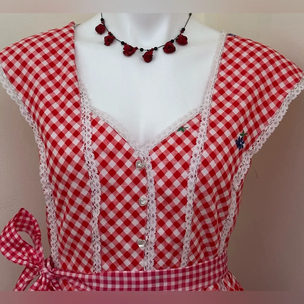 Red White Retro Gingham Checkered Lace Sleeveless Wing Hand Made Dress Sz S - Image 2