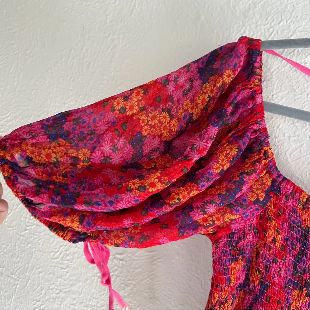 Free People Back On Top Hot Pink Floral Print Smocked Puff Sleeve Medium - Image 4