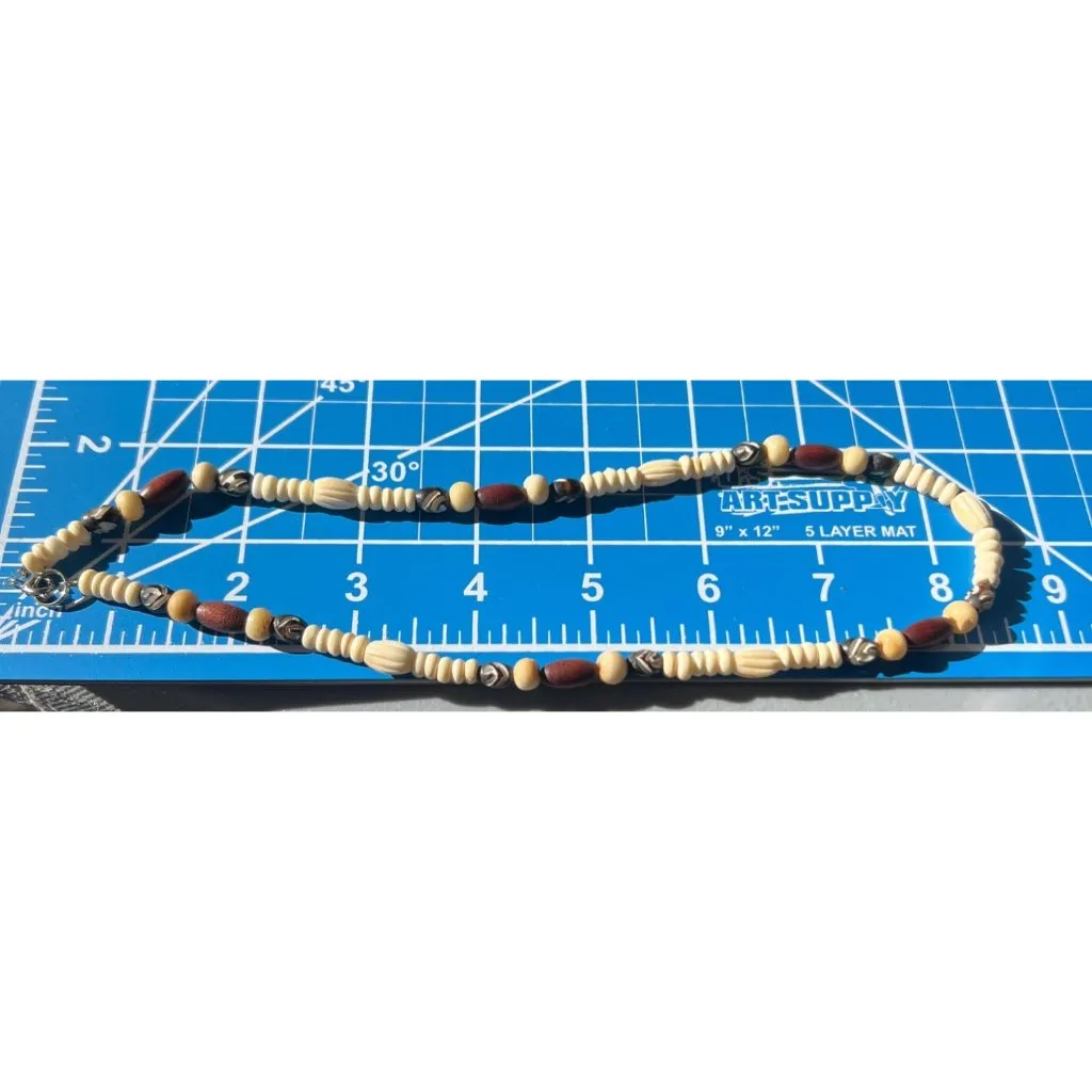 Vintage Carved Bead Necklace Wood Acrylic Tribal Silver Tone 18" Estate 15g Brown - Image 5